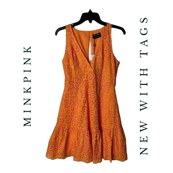 1407. MINKPINK HUXTON MINI COTTON DRESS ORANGE IN COLOR SIZE MEDIUM EYELET LACE - Picture 2 of 11